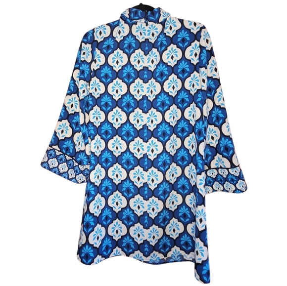 Zara High-Neck  Bell Sleeve Bold Print Dress Blue White - Picture 2 of 3